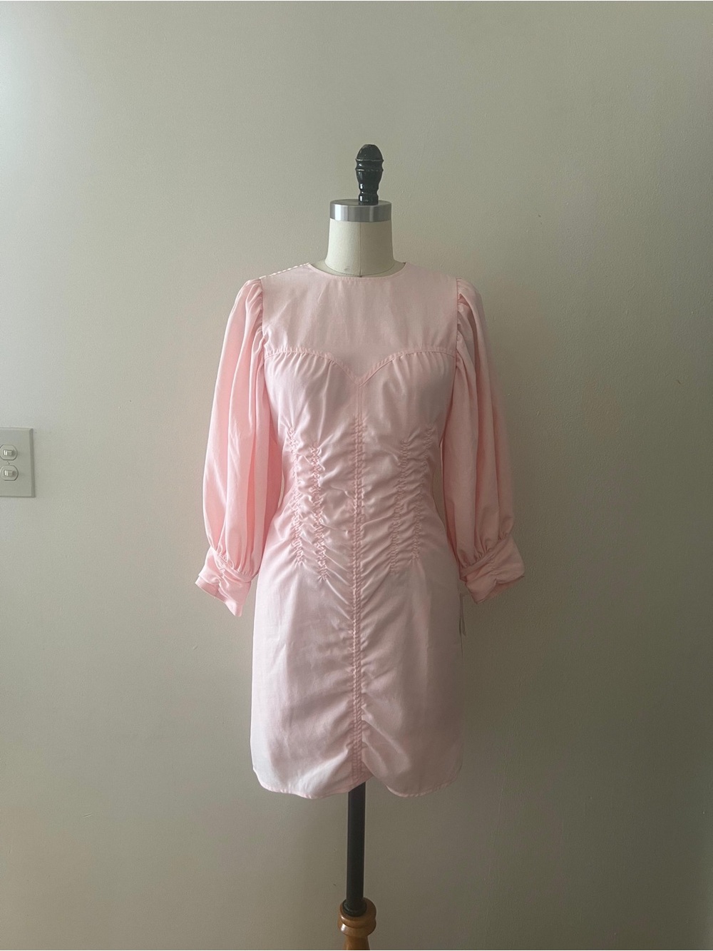 Something Navy Light Pink Puff-Sleeve Ruched Mini Dress